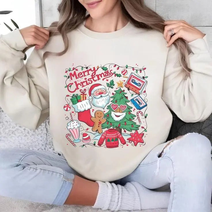 Retro Christmas Santa Clausmerry Christmas , vibes Milk Cookie For Santa Sweatshirt Cotton Crewneck T-Shirts, Hoodie