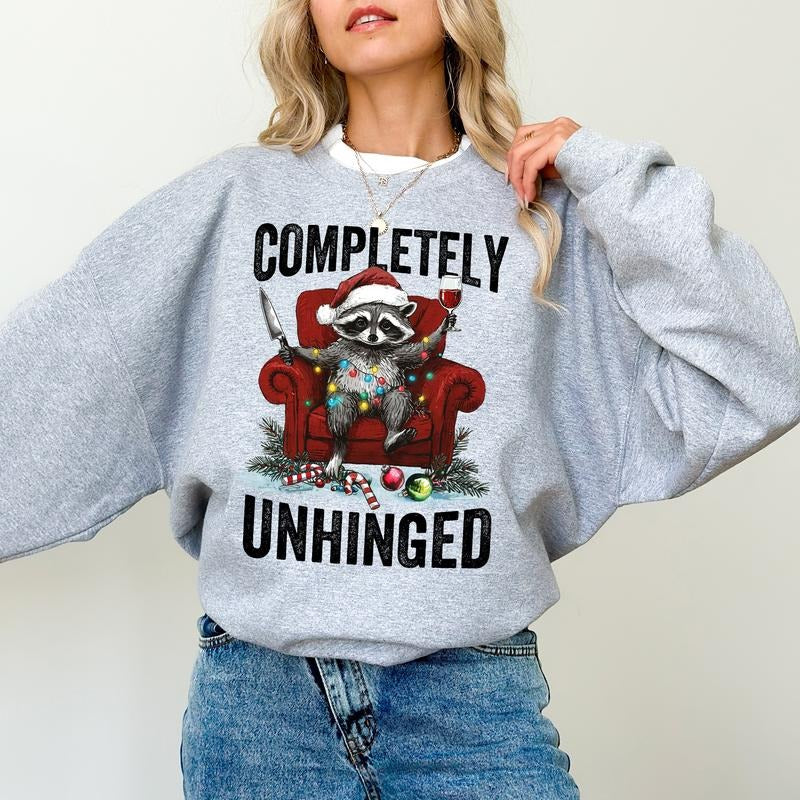 Retro Completely Unhinged Sweatshirt, Sarcastic Meme Crewneck, Adult Humor Pullover, Funny Sassy Raccoon Sweaters,...