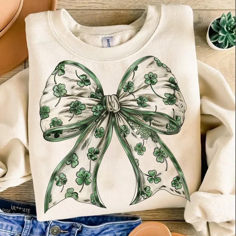 Retro Coquette St. Patrick's Day Sweatshirt, Lucky Shamrock T-Shirt, Irish Lucky Charm Crewneck, St. Patty's Day Clothing...