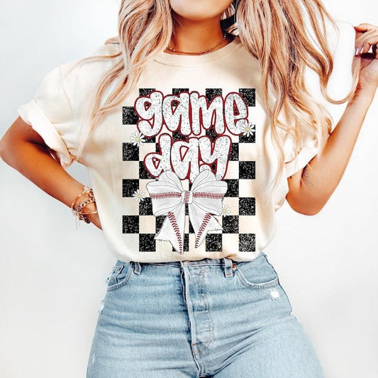 Retro Coquette, Game Day  Mama, Baseball Mom, Checkered Baseball Bow Tshirt Cotton Hoodie, Sweatshirt | WearSparks.com
