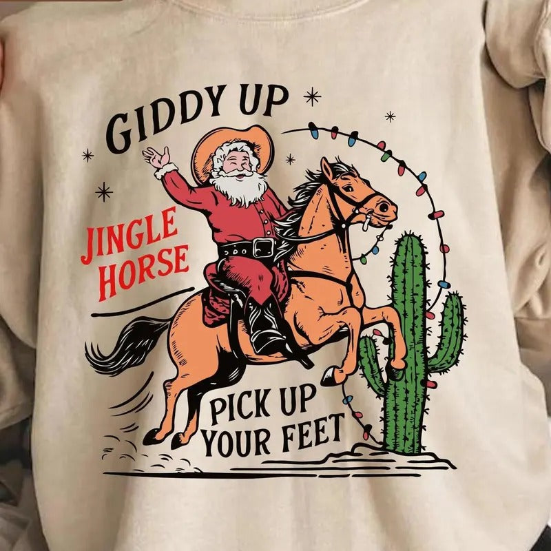 Retro Cowboy Christmas sweatshirt,hoodie,tshirt, Western Santa Giddy Up Jingle Horse Sweatshirt, Unisex, 100% Cotton
