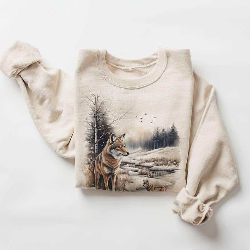 Retro Coyotes Winter Forest Scene Sweatshirt - Nineties 90s American Jackal Wildlife Nature Hoodie Cotton Pullover...
