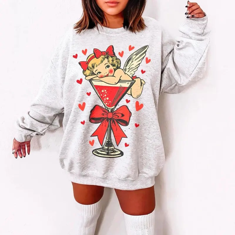 Retro Cupid Coquette Bow Sweatshirt, Retro Valentine Shirt, Valentine's Day Sweater, Valentine's Day Coquette Shirt,...