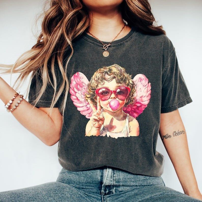 Retro Cupid T-Shirt, Coquette Valentine Shirt, Aesthetic Valentines Day Blowing Bubble Cupid Shirt, Valentines Day...