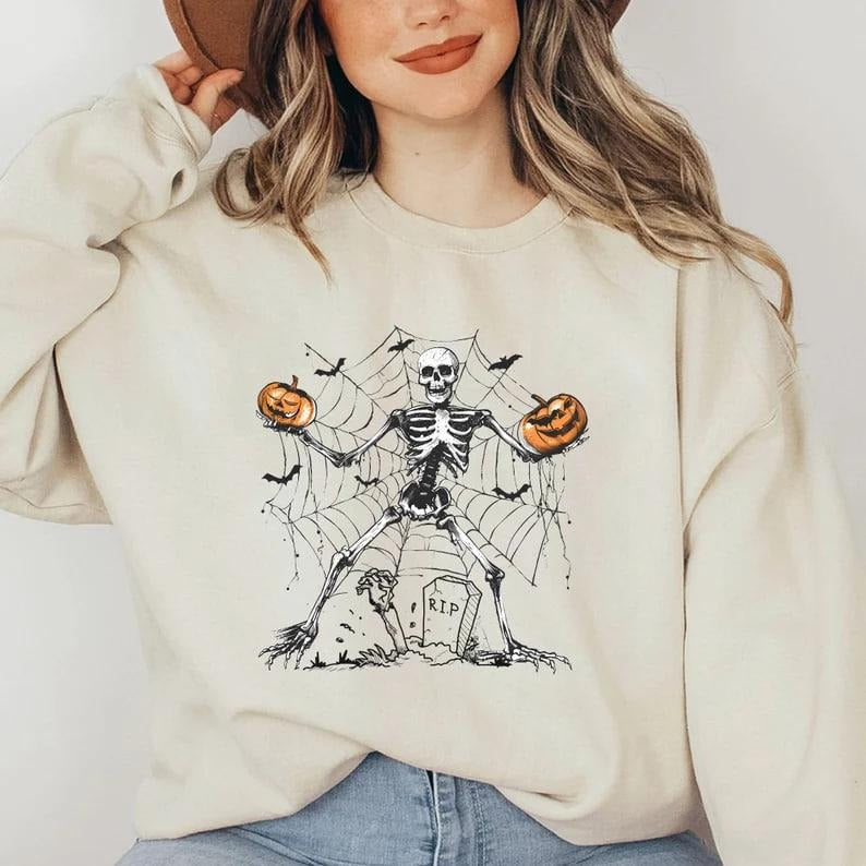 Retro Dancing Skeleton Sweatshirt, Funny Skeleton Sweater, Cute Skull Halloween, Spooky Season Tshirt, Womens Halloween...