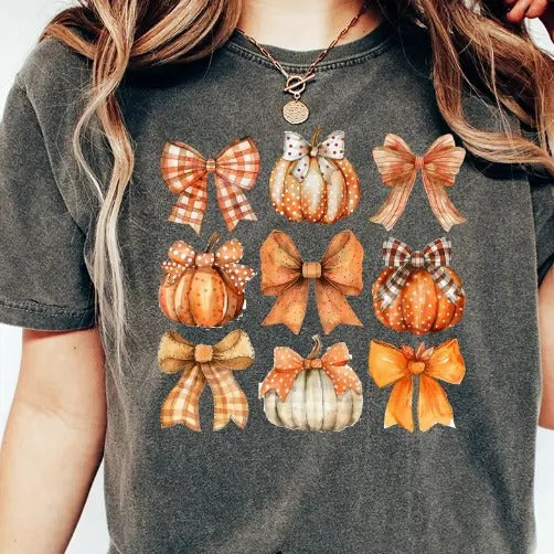 Retro Fall Pumpkin Bow Shirt, Fall Coquette Bow Shirt, Autumn Pumpkin Tee, Fall T-Shirt , Autumn Sublimation , Autumn Bow...
