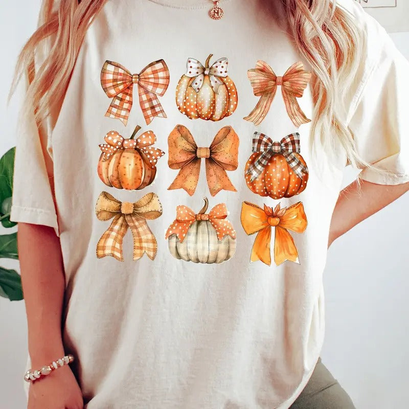Retro Fall Pumpkin Bow Shirt, Fall Coquette Bow Sweatshirt, Autumn Pumpkin Shirt, Pumpkin Autumn Fall Graphic Shirt,...