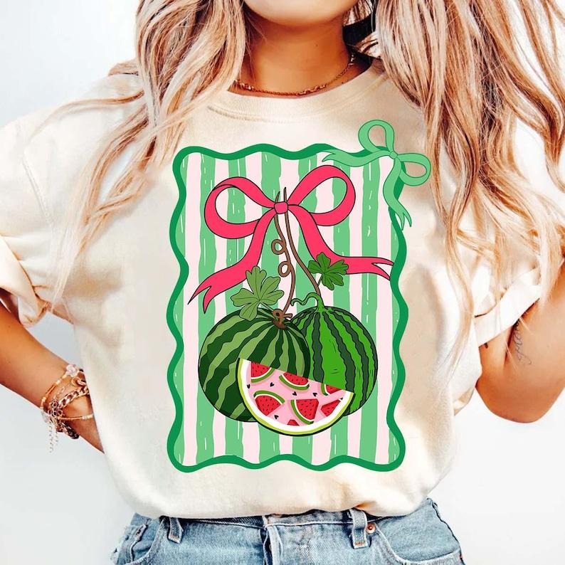 Retro Fancy Watermelon Coquette Bow Mama Watermelon Everyday Preppy Little Girl Trendy Watermelon Summer T-Shirt Hoodie,...