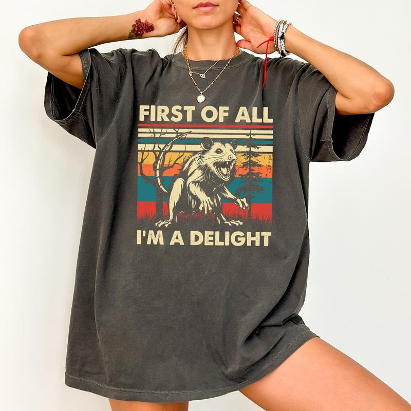 Retro First Of All I'm A Delight Sweatshirt, Angry Opossum Crewneck for Women, Vintage Sarcastic Shirt, I'm A Delight...
