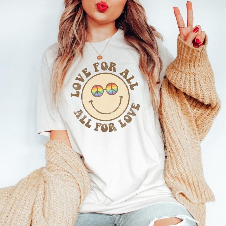 Retro Gay Pride Shirt, Groovy Pride Shirt, Love for All, LGBTQ Ally Shirt, Bi Pride TShirt, Gay Ally Gifts Hoodie,...