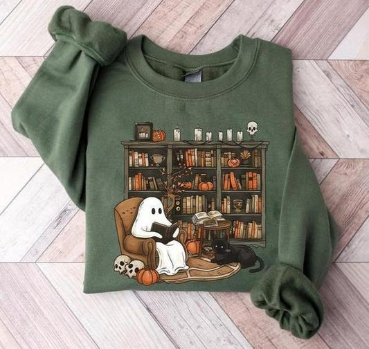 Retro Ghost Reading Books Sweatshirt - T-shirt