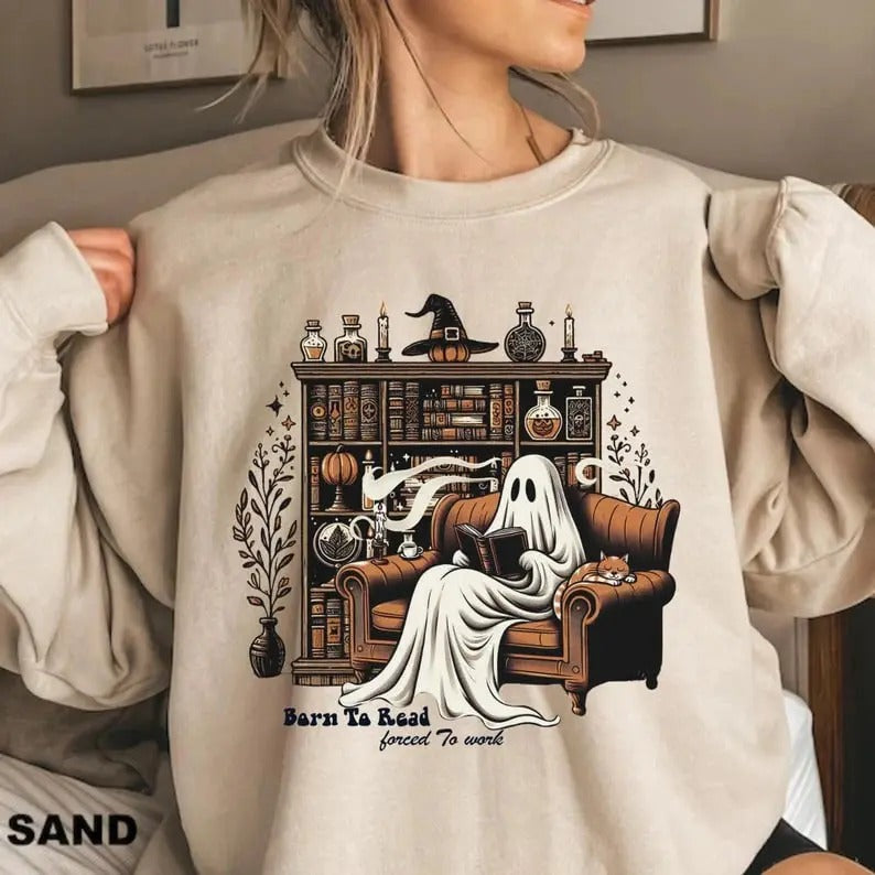 Retro Ghost Reading Books Sweatshirt Born To Read Forced To Work Shirt Book Lover Halloween Sweatshirt Bookish Librarian...