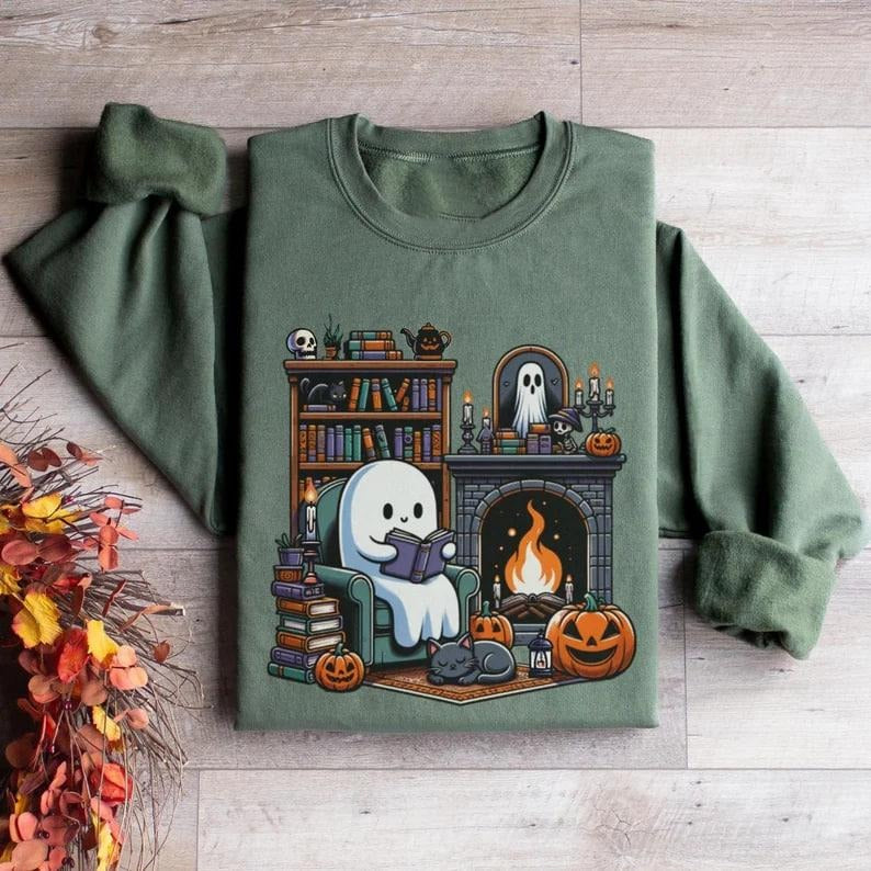 Retro Ghost Reading Books Sweatshirt, Bookish Halloween Crewneck, Librarian Ghost Shirt, Halloween Teacher Sweatshirt,...