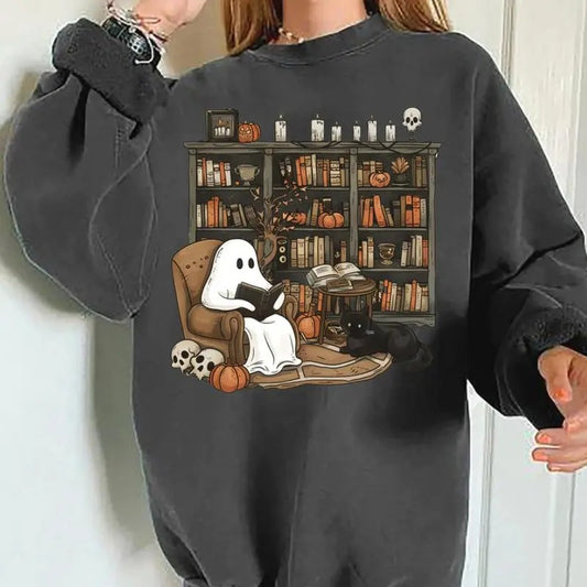 Retro Ghost Reading Books Sweatshirt, Librarian Ghost Halloween Sweatshirt, Halloween Teacher Sweatshirt, Halloween...