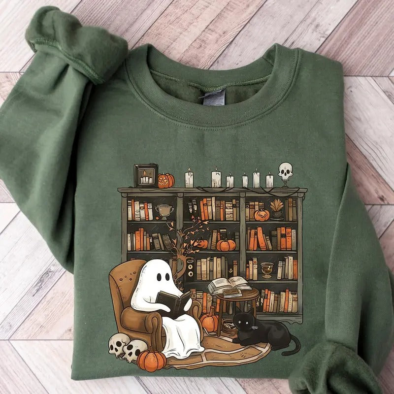Retro Ghost Reading Books Sweatshirt, Librarian Ghost Halloween, Halloween Teacher Sweatshirt Cotton Sweaters T-Shirts,...