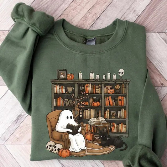 Retro Ghost Reading Books Sweatshirt, Librarian Ghost Halloween, Halloween Teacher Sweatshirt, Halloween Shirt, Teacher...