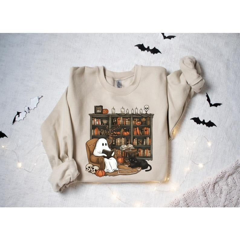 Retro Ghost Reading Books Sweatshirt, Librarian Ghost Halloween, Halloween Teacher tshirt, Halloween Shirt, Teacher Gift,...