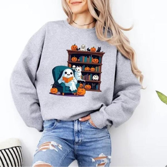 Retro Ghost Reading Books Sweatshirt, Retro Ghost Reading Books Sweatshirt, Librarian Ghost Halloween, Halloween Shirt,...