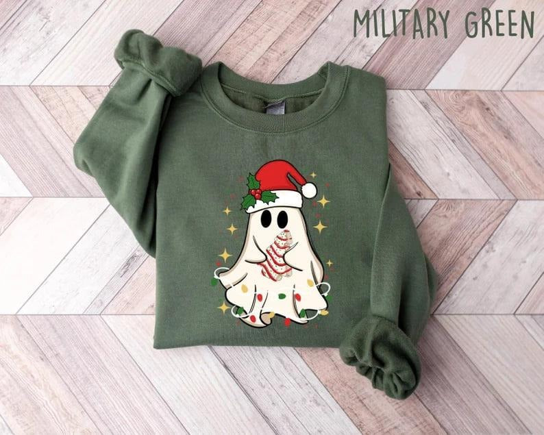 Retro Ghost Santa Sweatshirt, Christmas Ghosts Sweatshirt, Christmas Sweatshirt, Cute Ghost Hoodie, Christmas Sweater,...