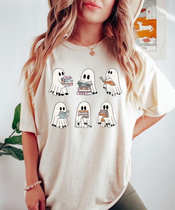 Retro Ghosts Reading Books Shirt, Halloween Ghosts Shirt, Teacher Librarian Halloween Gift, Spooky Season Trendy Shirt,...
