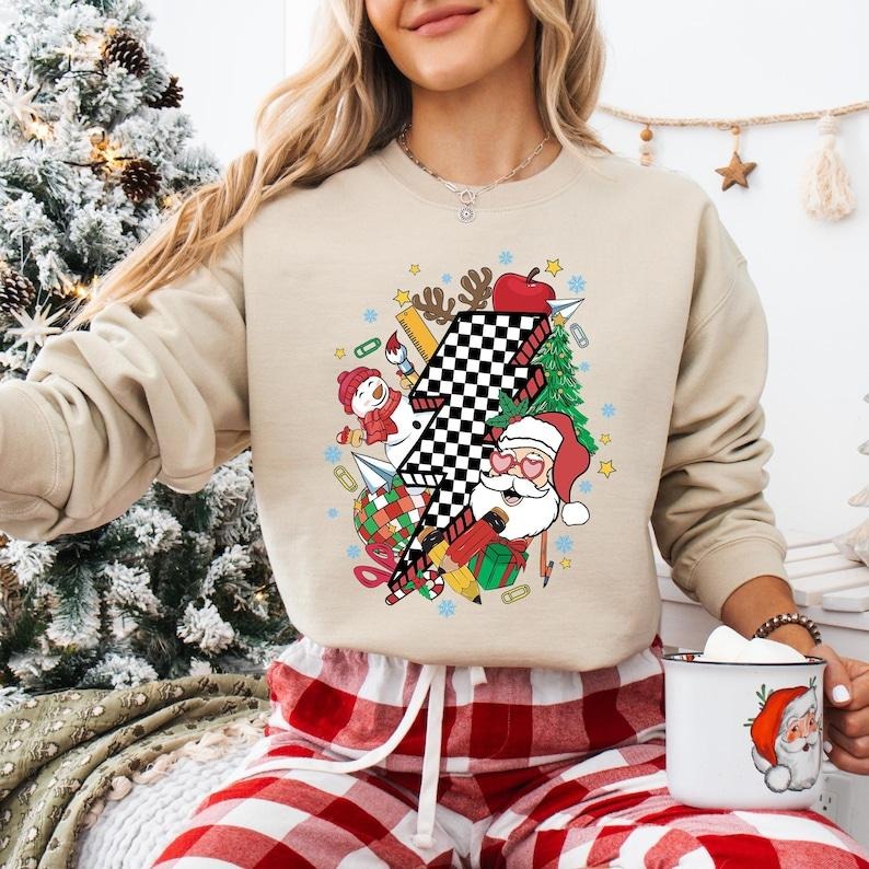 Retro Groovy Teacher Christmas Sweatshirt, Santa's Favorite Teacher T-shirt, Very Merry Teacher Tee, Xmas Teacher Life...