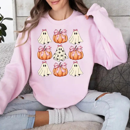 Retro Halloween Sweatshirt, Coquette Halloween Shirt, Hallowen Pumpkin Shirt, Pink Pumpkin Shirt, Pumpkin Coquette Bow...