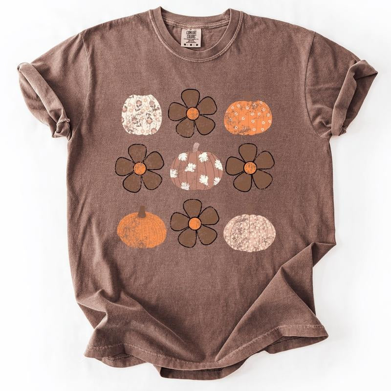 Retro Halloween, Flowers, Pumpkins, Patterned, Autumn, Fall, Comfort Colors T-Shirt Hoodie, Sweatshirt | WearSparks.com