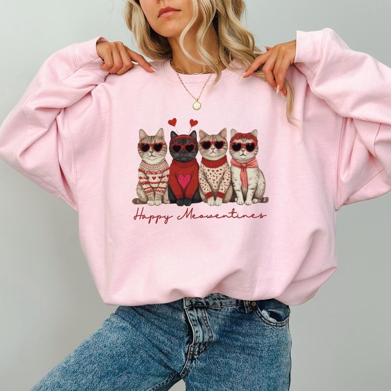 Retro Happy Meowentines Sweatshirt, Cupid Cat Crewneck, Cat Lover Long Sleeved Pullover, Valentine Cat Gift Ideas...