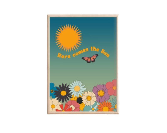 Retro Here Comes The Sun Art, Groovy Floral, 1970s 1960s, Retro Sunshine, Gifts For Family Friends Bedroom Decor, Poster...