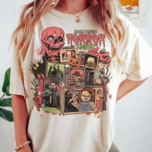 Retro Horror Night Shirt, Halloween Shirt, Vintage 90S Halloween, Halloween T-shirt, Cotton Shirt, Gift For All Hoodie,...