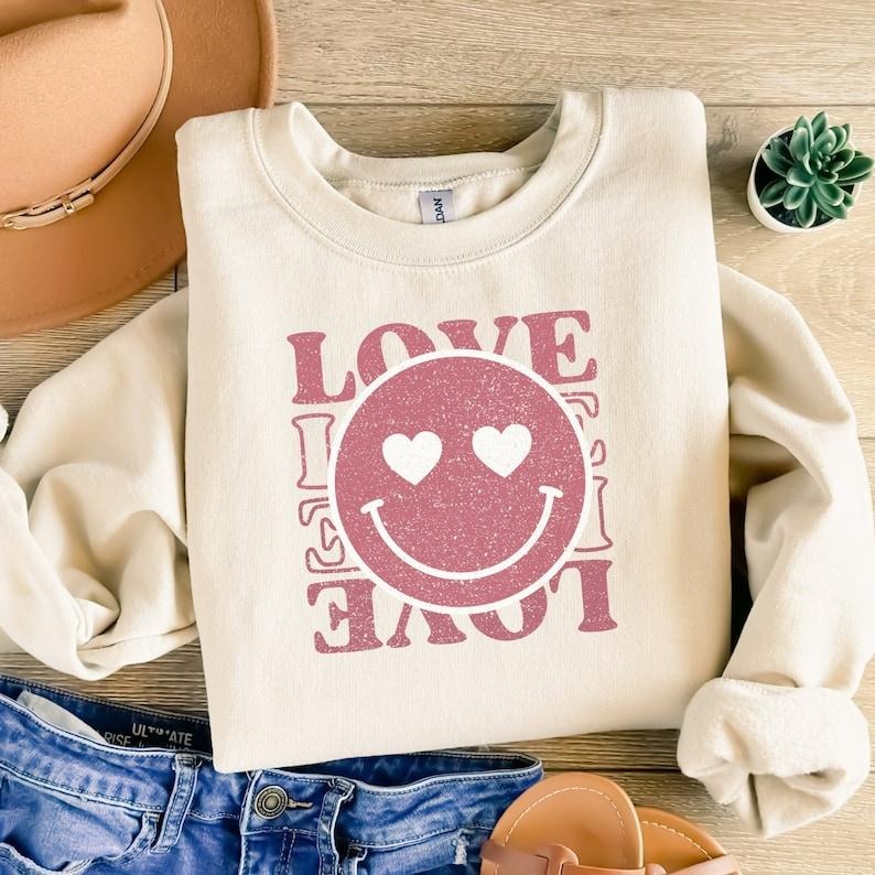 Retro Love Smiley Face Valentine Sweater, Girlfriend Valentines Day Gift, Be Mine Smile Happy Hoodie and Sweater; T-shirt...