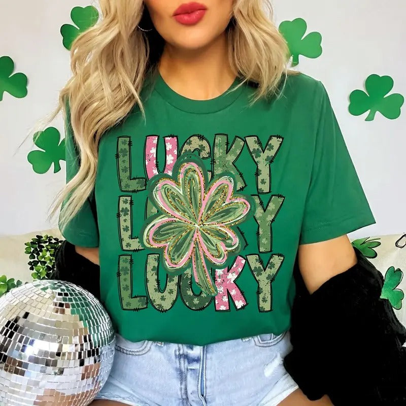 Retro Lucky T-Shirt, Retro St Patrick's Day T-Shirt, Coquette St Patty's Day T-Shirt, Lucky Shamrock T-Shirt, St Patrick...