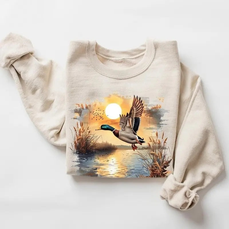 Retro Mallard Ducks Fall Pond Scene Sweatshirt, 90s Waterfowl Duck Forest Nature , Boho Unisex Funny Duck Sweater...