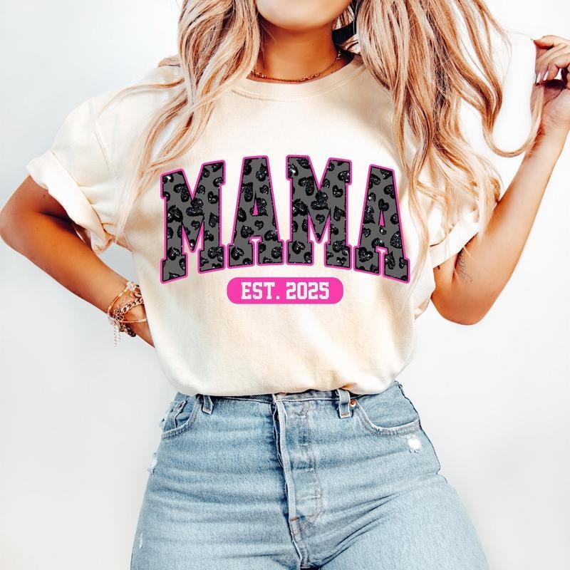 Retro Mama Est 2025 T-Shirt, Pink Mama T-Shirt, Mothers Day T-Shirt, New Mama T-Shirt, Leopard Mama Varsity T-Shirt, Mama...