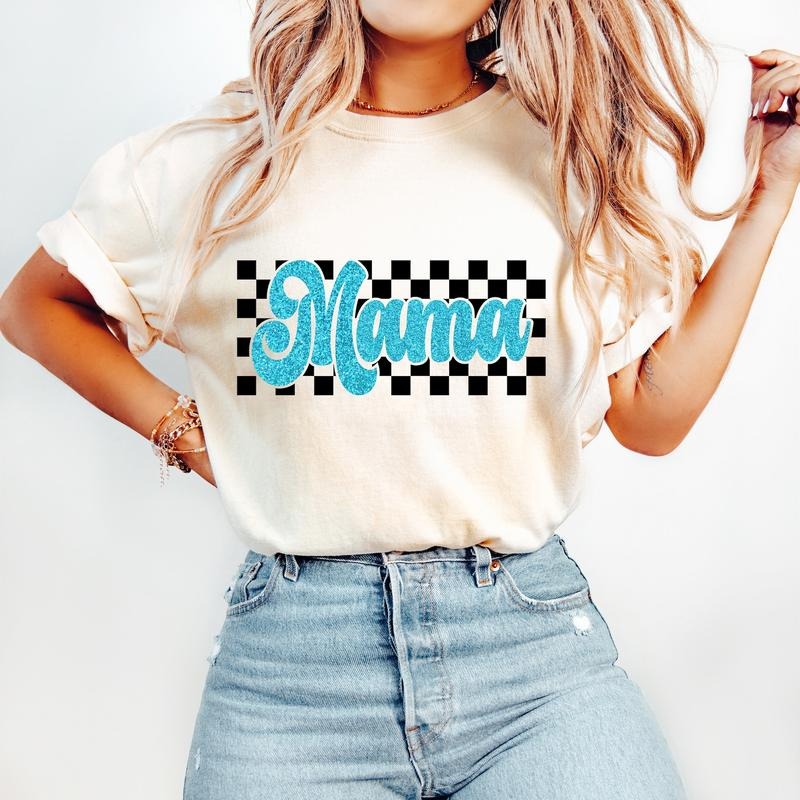 Retro Mama T-Shirt, Blue Mom T-Shirt, Retro Checkered T-Shirt, Trendy Mom Shirt Design Hoodie, Sweatshirt | WearSparks.com