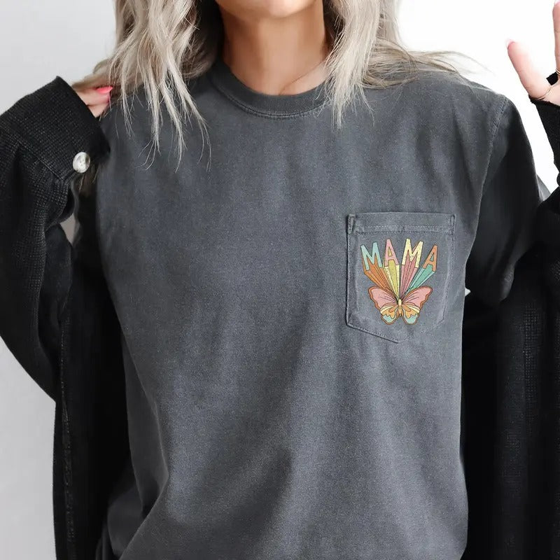 Retro Mama, Butterfly, Hippie, Pocket Tee, Women's Comfort Colors Tee Hoodie, Sweatshirt | WearSparks.com