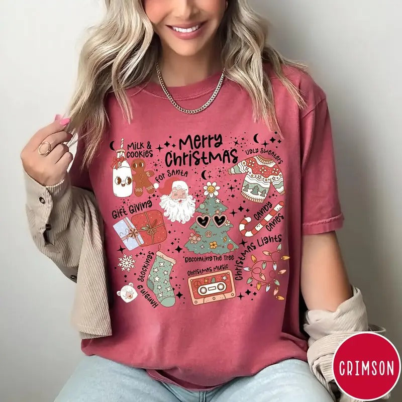Retro Merry Christmas T-Shirt, Cute Holiday Santa Sweatshirt, Cute Xmas Doodles Sweater, Gift For Christmas Hoodie