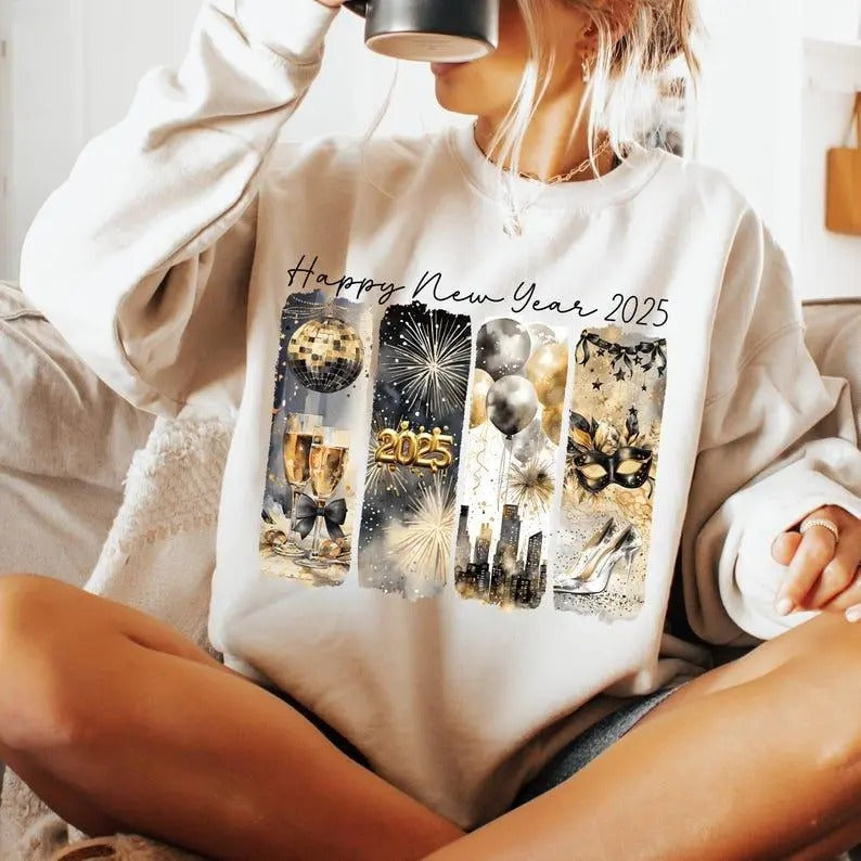 Retro New Year 2025 Sweatshirt, Hoodie, T-Shirt, New Years Shirt, Disco Ball Shirt, Gold Glitter, Brushstroke Shirt, New...