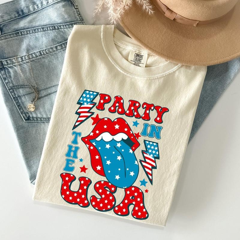 Retro Party In The USA, Tongue, 4th of July Tshirt, Women's Crew Neck, Crewneck Hoodie, Sweatshirt | WearSparks.com