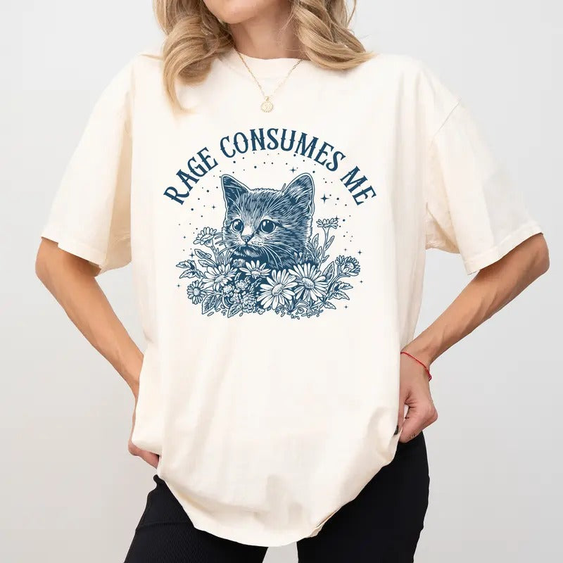 Retro Rage Consumes Me Comfort Colors Shirt, Cute Kitten Meme T-shirt, Funny Sarcastic Cat Women Shirt, Mental Health...