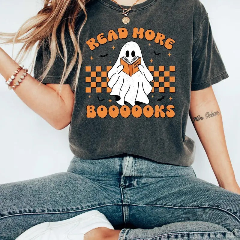 Retro Read More Books Teacher T-Shirt, Cute Ghost Reading Books Shirt, Womens Books Lover Halloween Gift, Spooky Season...