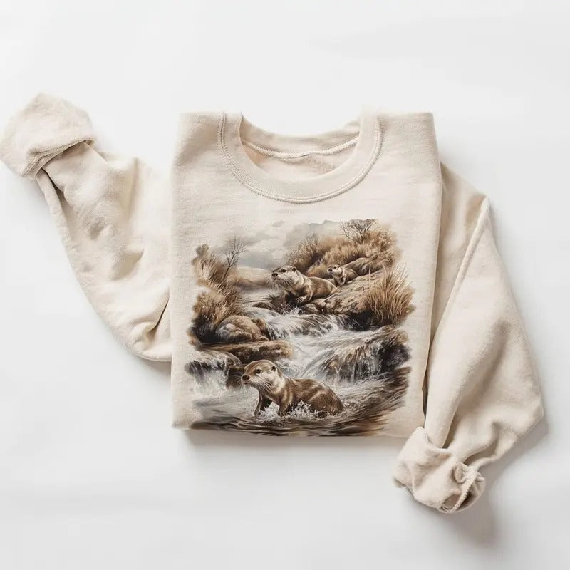 Retro River Otters Waterfall Scene Sweatshirt - 90s Vintage Otter Mustelids Wildlife Pullover Cotton Hoodie T-Shirts