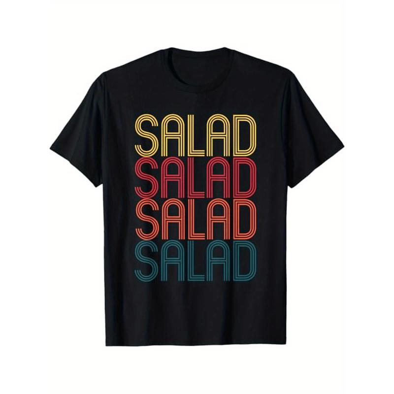 Retro Salad Print T-Shirt - 100% Cotton, Casual Crew Neck, Short Sleeve, All-Season Comfort, Slight Stretch, No Padding,...