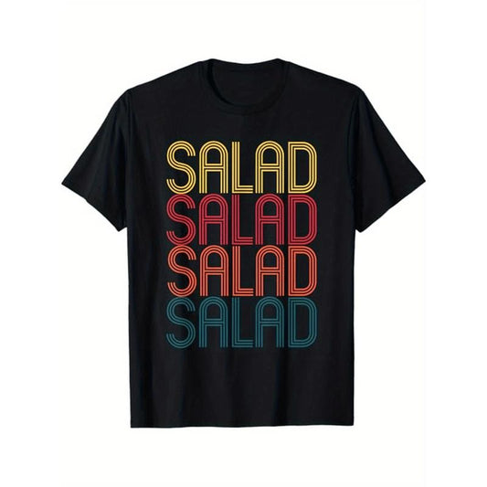 Retro Salad Print T-Shirt - 100% Cotton, Casual Crew Neck, Short Sleeve, All-Season Comfort, Slight Stretch, No Padding,...
