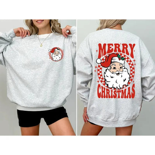 Retro Santa Checkered, Front and Back, Merry Christmas, Winter, Snow, Xmas Sweatshirt, Women's Crew Neck, Crewneck...