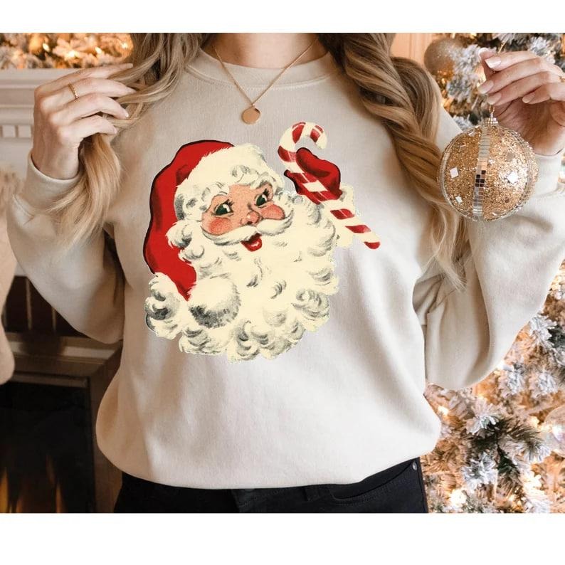 Retro Santa Christmas Sweatshirt, Christmas Santa Face Hoodie, Vintage Santa Holiday Sweater, Santa Claus Sweatshirt,...