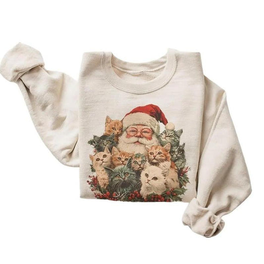 Retro Santa Claus and Kittens Christmas Winter Sweatshirt - 90s Old Saint Nick Gift For Cat Lovers Outfit - Boho Unisex...
