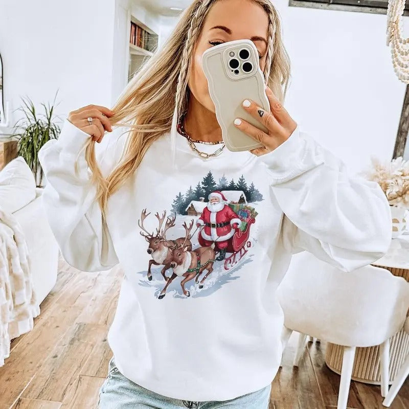 Retro Santa and Reindeer Christmas Winter Cabin Sweatshirt - 90s Santa Claus Sleigh Snowy Forest - Boho Unisex T-Shirts,...