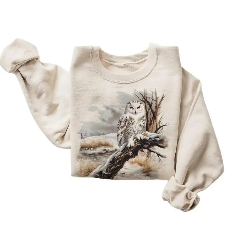 Retro Snowy Owl Winter Scene Sweatshirt - Nineties 90s Vintage Owl Perched On Tree Outfit - Birds Of Prey - Boho Unisex...