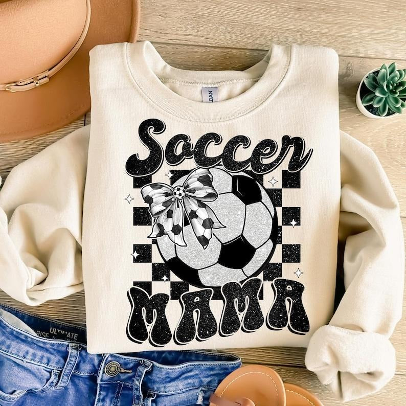 Retro Soccer Mama Coquette , Soccer , Game Day Soccer , Soccer Bow , Soccer Mom , Checkered Soccer Shirt Sweatshirt Hoodie